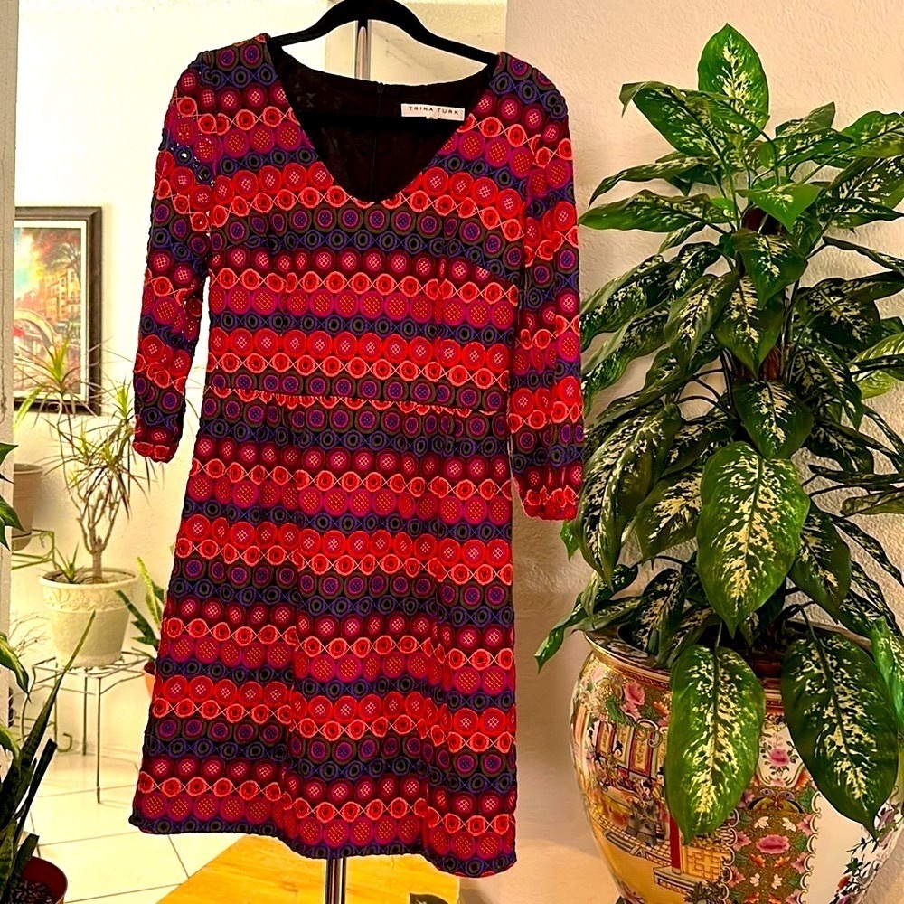 Trina Turk Multicolored Eyelet Crochet Shift Dress size 10